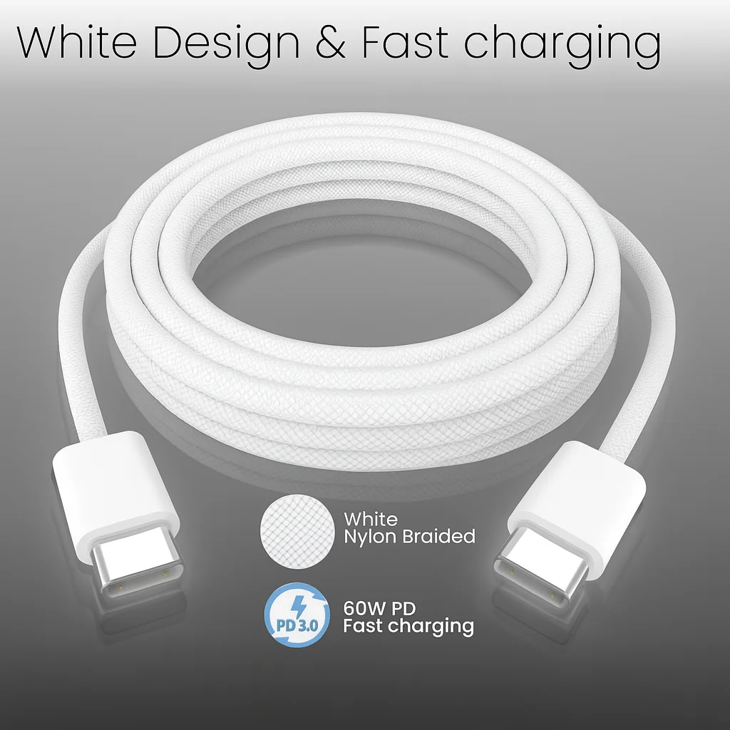 Ice Blue 60W Fast Charging USB-C Cable | Braided Nylon Type-C to Type-C Cord