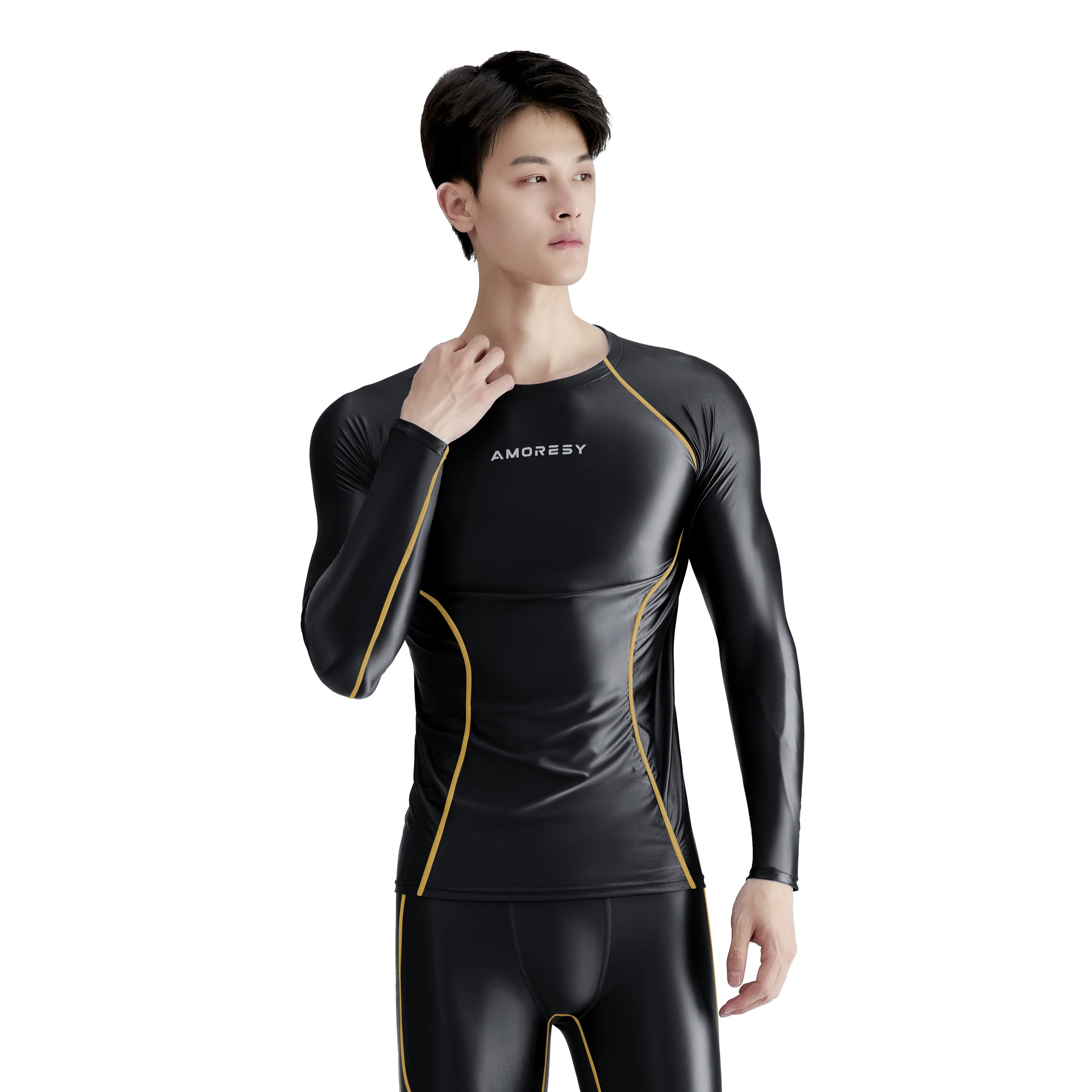 Round neck tight long sleeve T-shirt for men gloss compression sports Fitness spandex