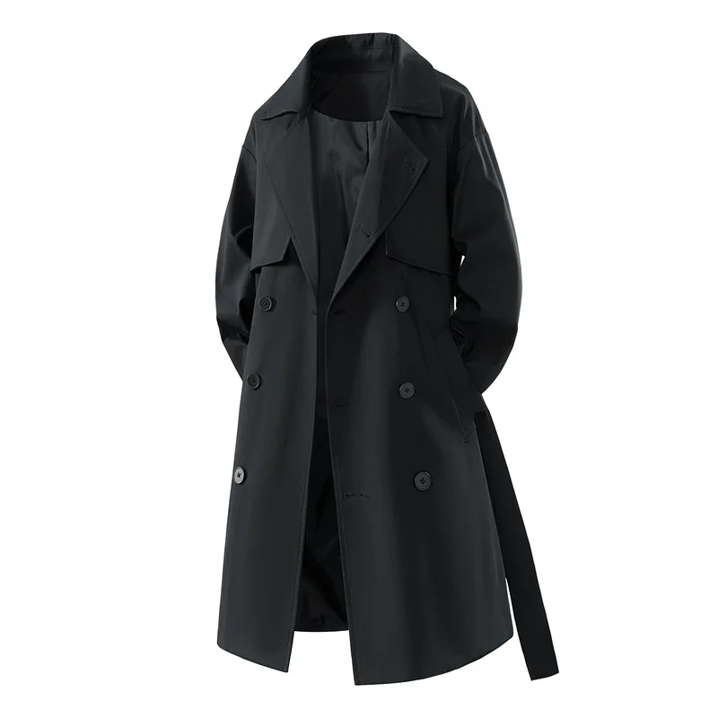 New Men's Double Breasted Trench Coat Mid-Length Loose Fit Windbreaker Spring/Autumn Fashionable Outerwear for Casual Office
