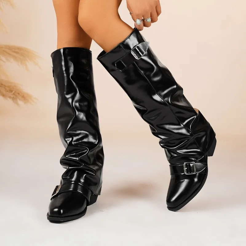 Vintage Knee High Boots Thick Heeled Woman Long Boots Shoes 2025 Spring Autumn Ladies Leather Elegant Belt Buckle Knight Botas