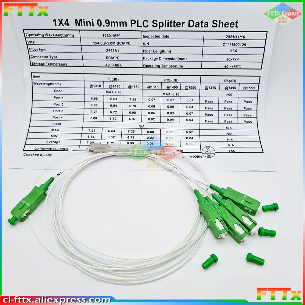 Mathiateur de fibre optique de haute qualité, 1x2, 1 age, 1x8, 1x16, 1x32, PLC SC, APC, mode unique, 0.9mm, G657A1, LSZH, 1m, PVC, 5 pièces par lot