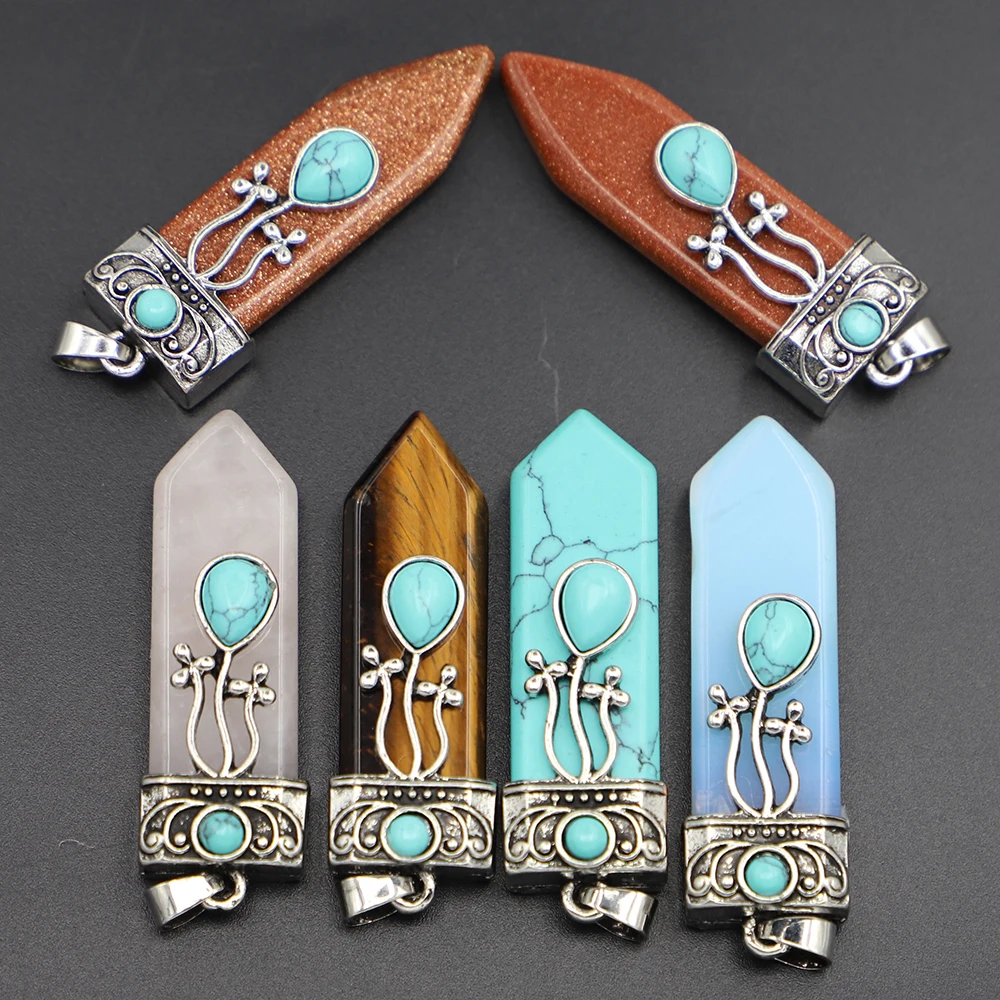 

New Fashion Natural Turquoise Stone Sword Pendant Rose Quartz Aventurine Opal Charms Jewelry Marking Accessories Wholesale 8Pcs