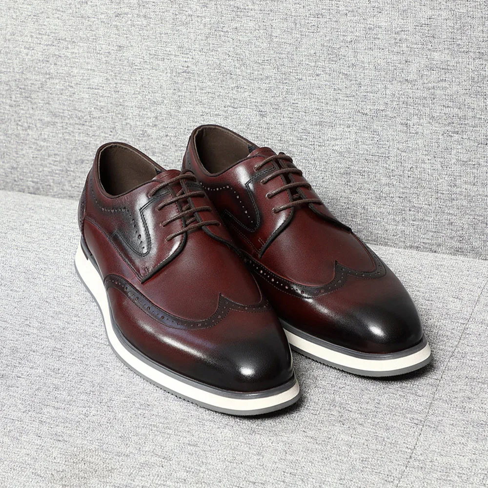 Natural Cowhide Genuine Leather Men's Casual Derby Dress Shoes Brogue Wingtip Flat Shoes Spring Autumn Elegant Sneakers for Men