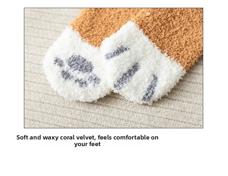 2 Paar Winter-Plüschsocken mit Lustigem Tiermuster, Niedliche Katzenpfoten-Cartoon-Muster Damen-Baumwollsocken, Superweiche Schlaf- und Haussocken – Detail 14