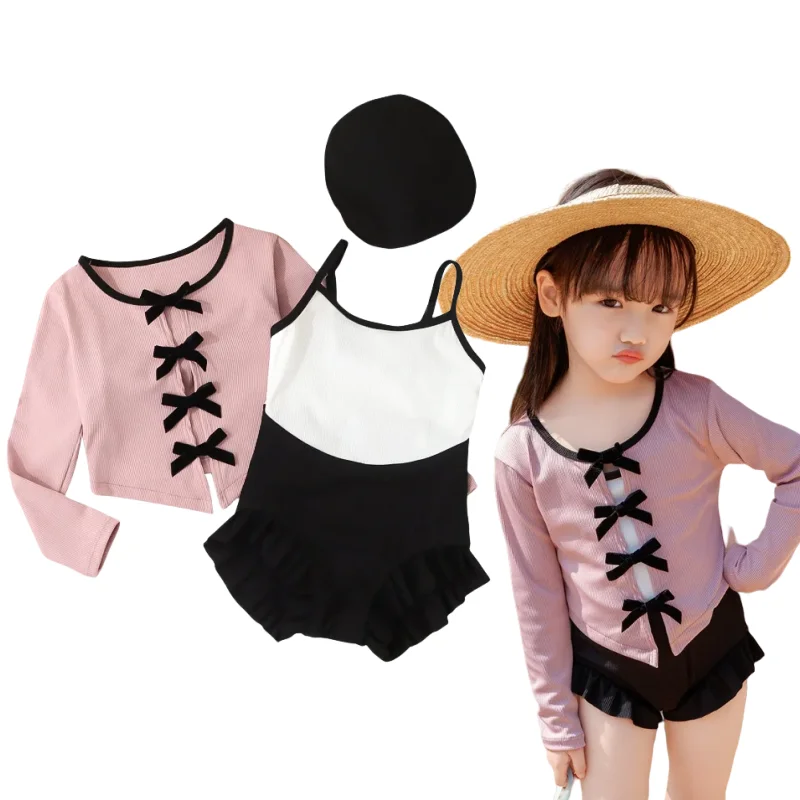 

3pcs/set Kids Swimwear for Girls Korean Fashion Bow Toddler Girl Swimsuit Black Pink Color Swimwear Hat Set Summer Kids Clothes