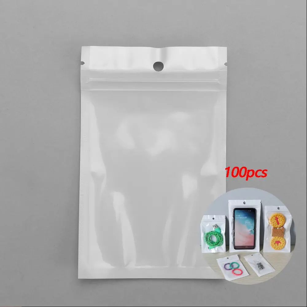 100pcs White/Clear Self Seal Zipper Plastic Retail Packaging Pack Poly Bag Storage Bag Packaging Bag Hang Hole