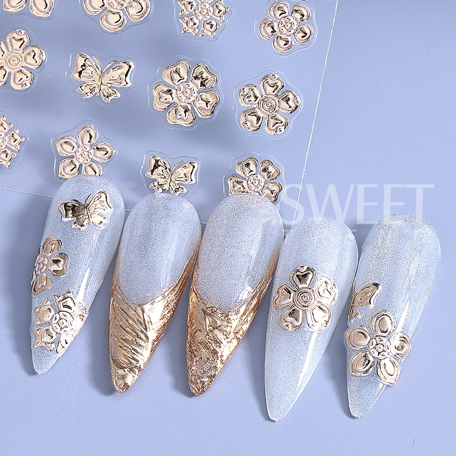 1/3pcs/set 5D Embossed Flower Nail Art Stickers Rose Gold Flower Butterfly Nail Decals Summer Manicure Nail Supplies Decoration