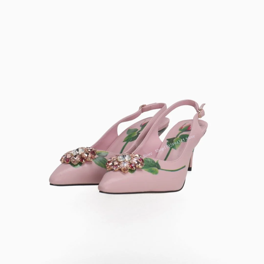 

Pink Crystal Pumps Flower Decor Buckle Strap Hollow Pointed Toe Shallow Fashion Novel Style Woman Shoes Spring Zapatillas Mujer