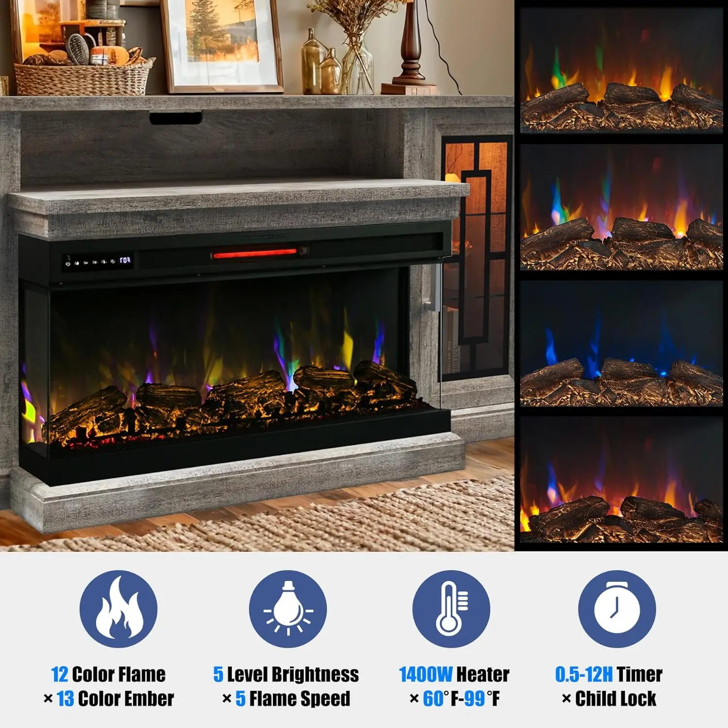 75-inch Electric FireplaceTV Stand 3-side Glass LED Modern Media Entertainment Center Console Adjustable Flame 40-inch 3