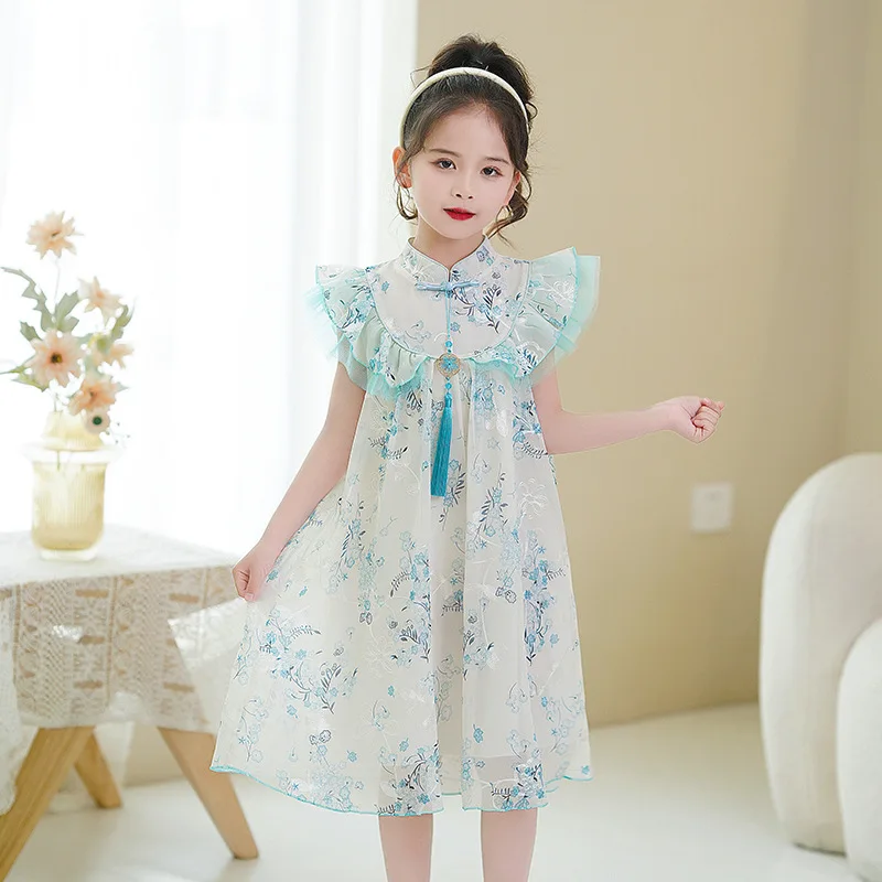 

Children Blue Floral Print Dress Summer Birthday Dresses Party Princess Gown Baby Clothes Girl Dresses