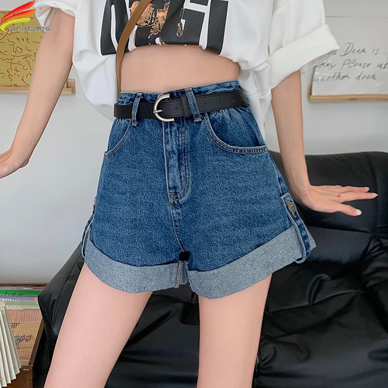 

New 2023 Summer Denim Shorts Women High Elastic Waist A Line Crimping Loose Black Or Blue Short Jeans Korean Streetwear Shorts