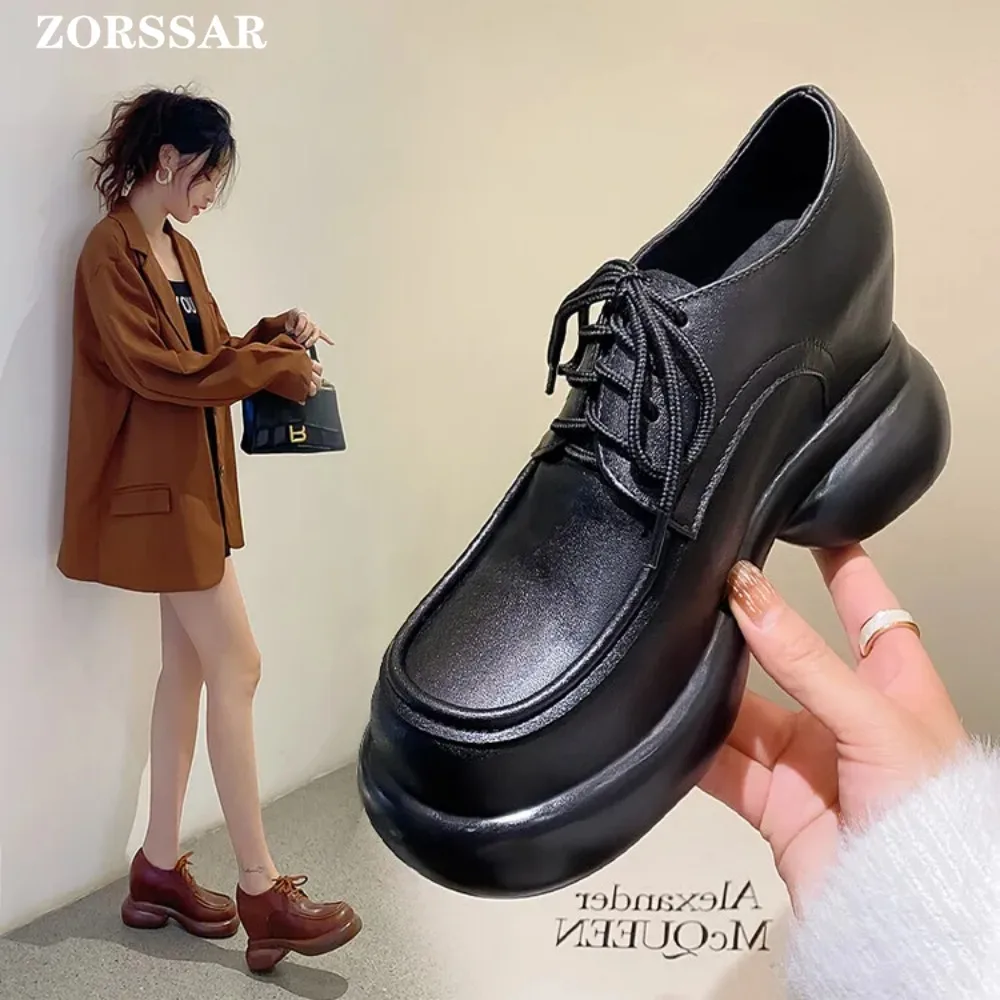 

10CM Genuine Leather Platform Wedge Women Sneaker Hidden Heels Casual Breathable Height Increasing White Brown Vulcanize Shoes