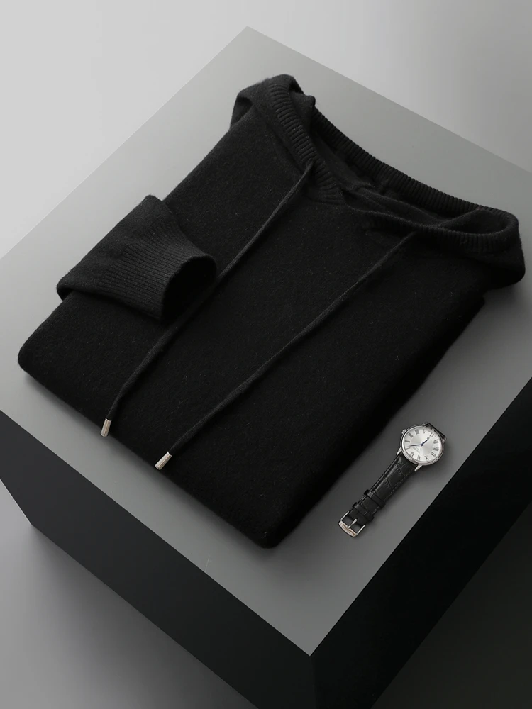 CHICUU Men Hooded Pullover Sweater Autumn Winter Thick 100% Merino Wool Knitwear Long Sleeve Casual Style Clothing Tops 5