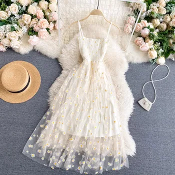 YuooMuoo Women Dress 2026 New Korean Fashion Floral Print Spaghetti Straps Mesh Party Dress Vacation Style Lady Beach Vestidos 1