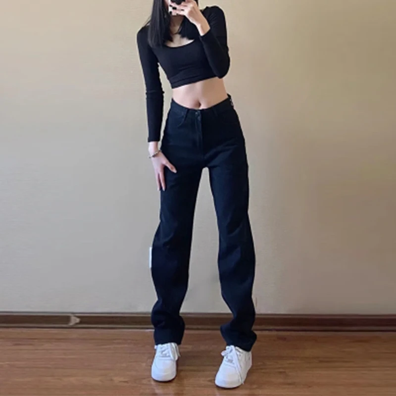 

2024 Casual Fashion Straight Leg Women's Jeans Denim Bottom Harajuku Boyfriend Long High Waist Baggy Jeans Black Pants