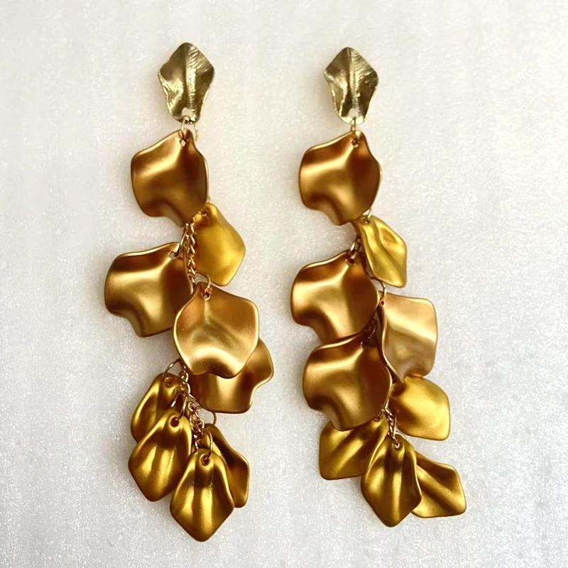 Gold Metal Leaf Acrylic Petal Tassel Earrings - Bold Floral Statement in Rose, Pink, and Orange