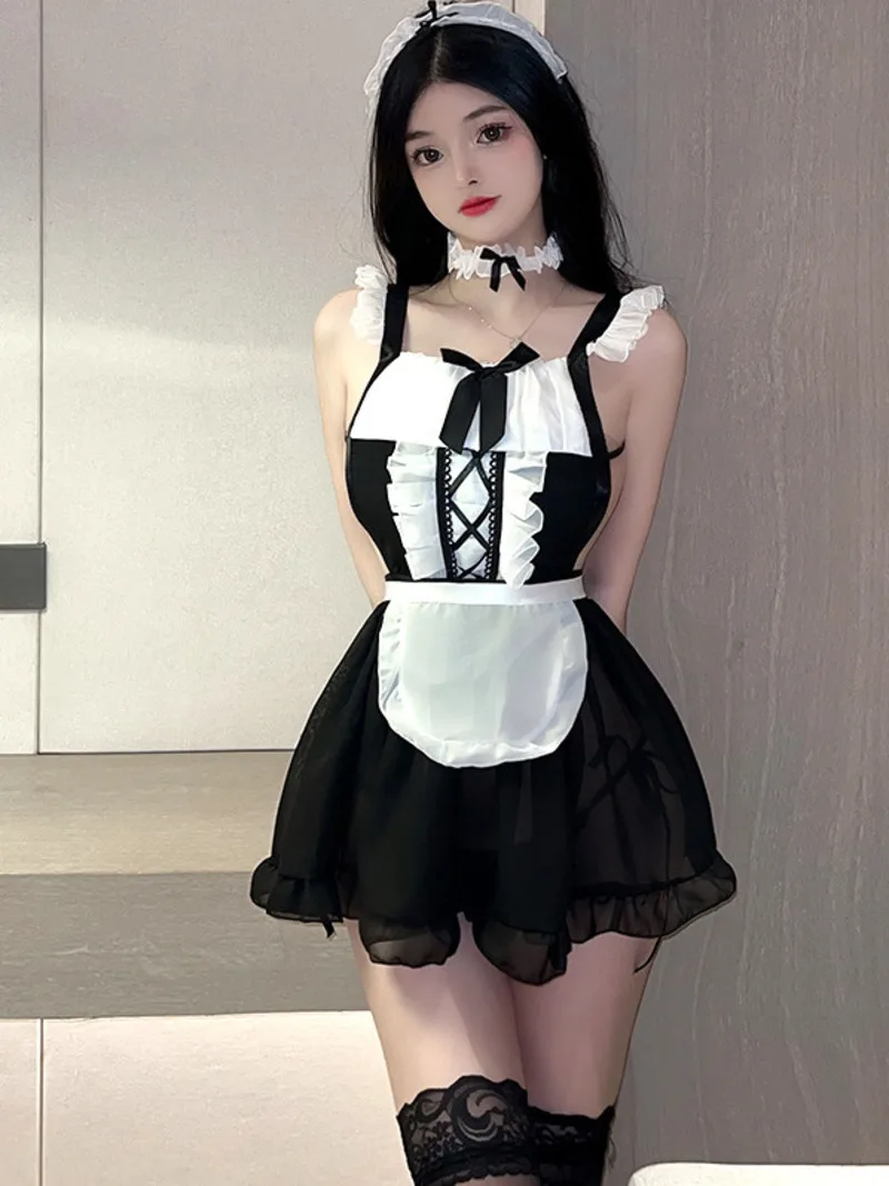 

Fashion Sexy Women Mini Dress Bow Sweet Tops Maid Cute Servant Sexy Lace Sexy Uniform Dress Elegant Korean Style 2023 New 4NK2