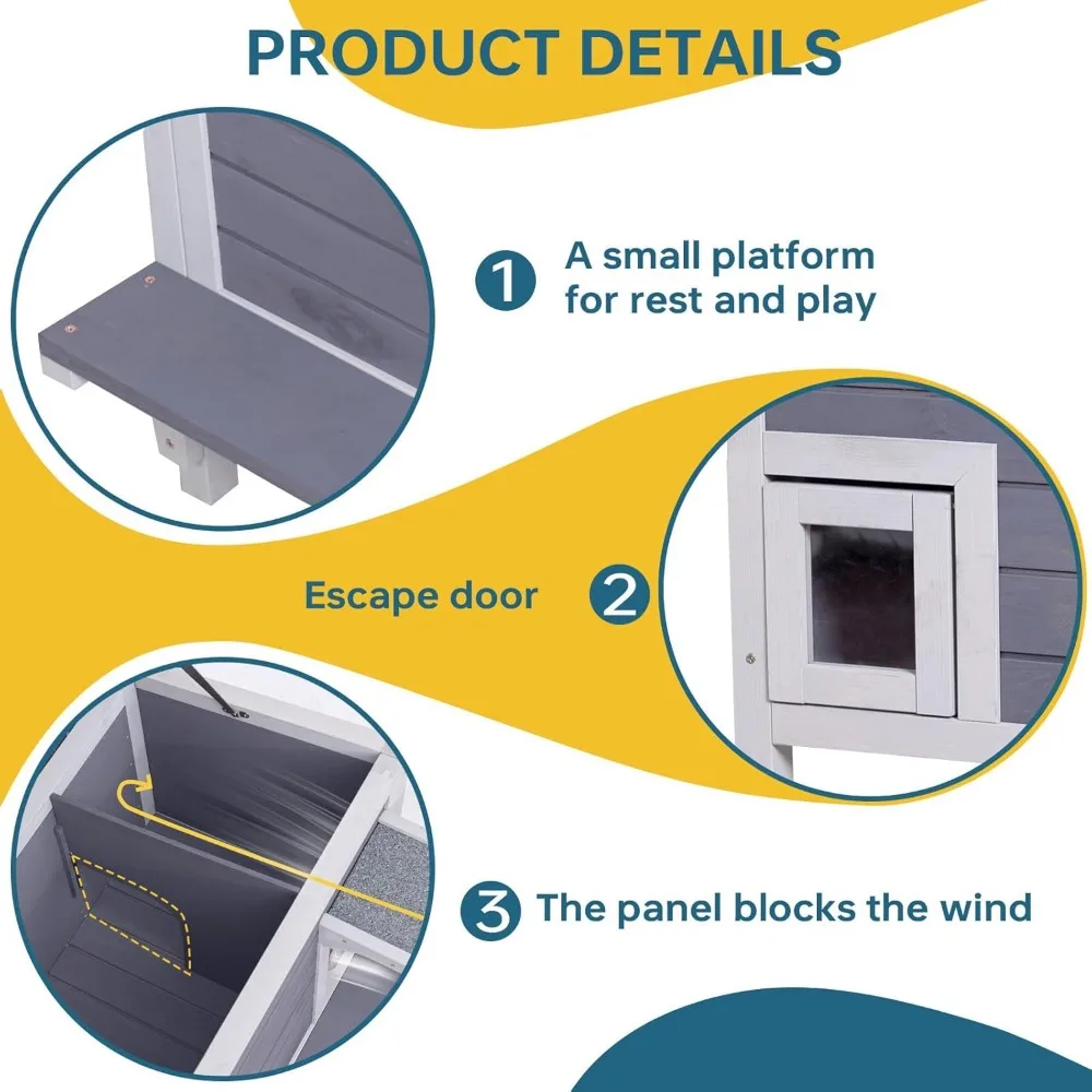 Insulated Cat House Outdoor Weatherproof Feral Cat Shelter for Winter Large Wooden Enclosure with Escape Door
