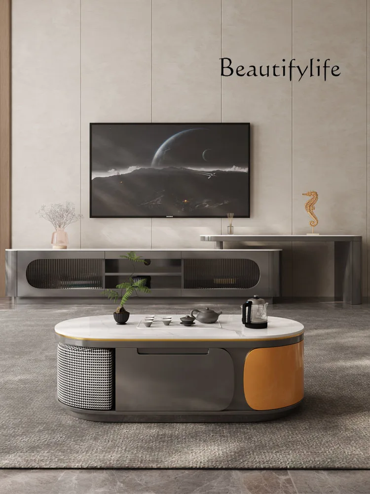 

Italian Light Luxury Minimalist Stone Plate Smart Coffee Table Modern Living Room Home Solid Wood Tea Table Bench