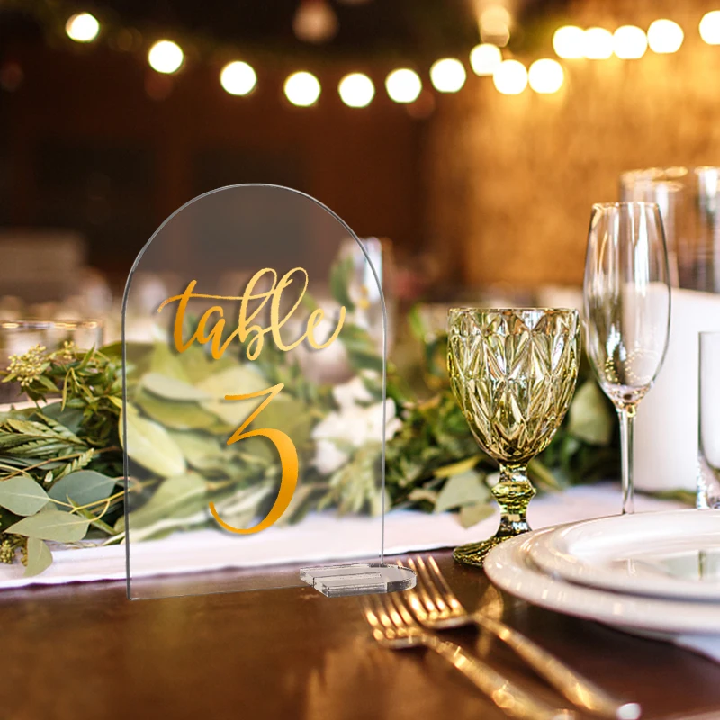 Description Picture 2 of item10/20Pcs Clear Acrylic Sign Arch with Stand Blank Guest Name Tags Wedding Table Number Holder Decoration Supplies DIY Place Card