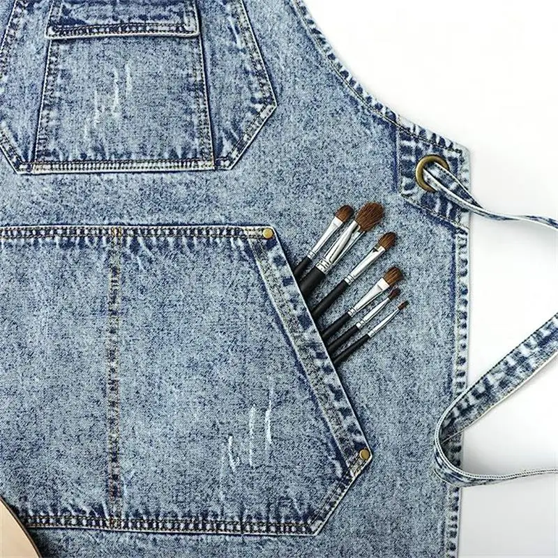 Custom logo Cotton Denim Artist Work Apron with Pockets Straps and Adjustable 5