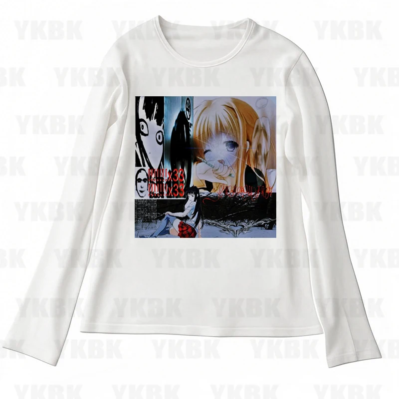 Gothic Print Langarm Top T-Shirt Weiß Y2K Casual Print Anime Oansatz Heiße Mädchen Frauen Nette Punk Harajuku Mode T Straße