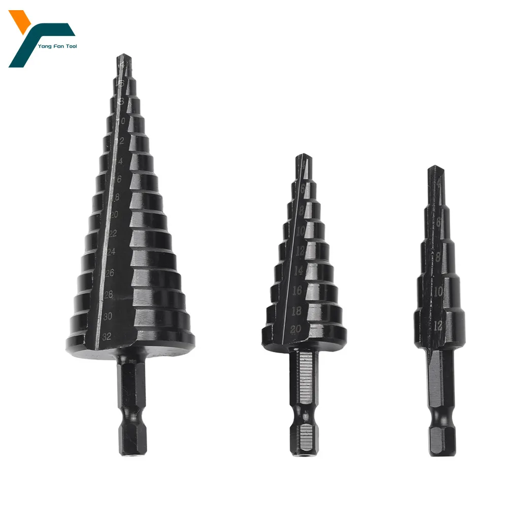 

3Pcs Step Drill Bit 4-12 4-20 4-32 Straight Groove Drill Bit Hex Titanium Nitrogen Coated Milling Cutter Metal Core Hole Openr