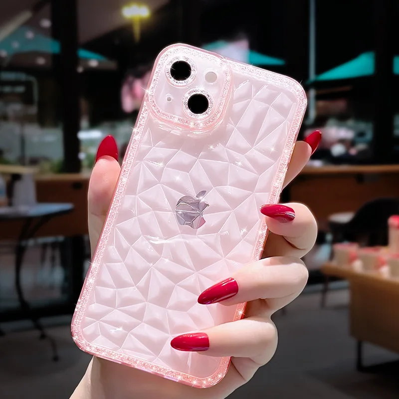 Capa de telefone com padrão de diamante transparente para iPhone 13 12 11 Pro Max X XR XS Max 14 Pro