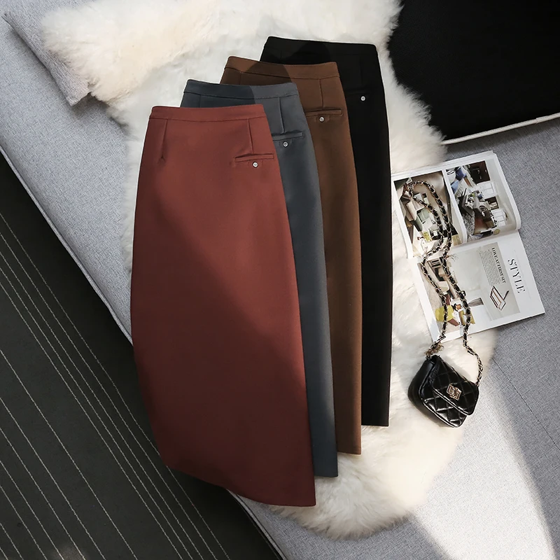 

Autumn Winter Suit Straight Skirt Women Elegant Fashion Office Ladies Work Business Midi Long Skirt High Waist