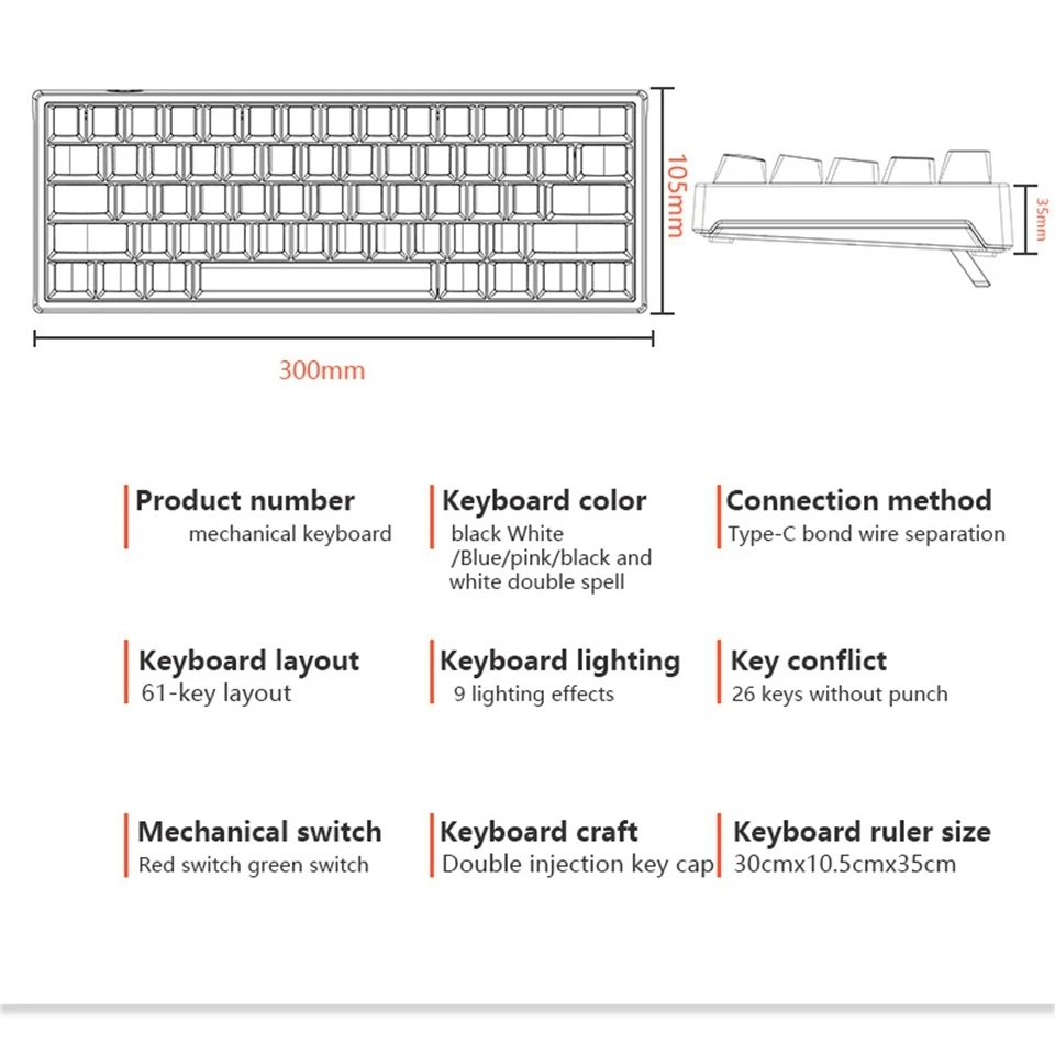 Mini Gaming Mechanical Keyboard 61 Keys Type-C Blue Switch RGB Lights Adjustable Ergonomics Wired Keyboard For Gamer Laptop PC
