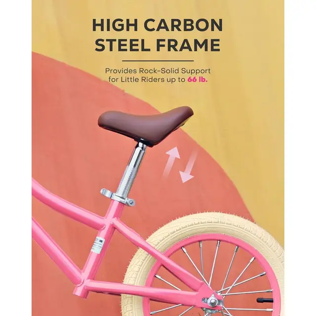 Pink 14 Inch Kids Balance Bike with Basket for Girls, Suitable for Ages 3-7, Rubber Tires, Carbon Steel Frame