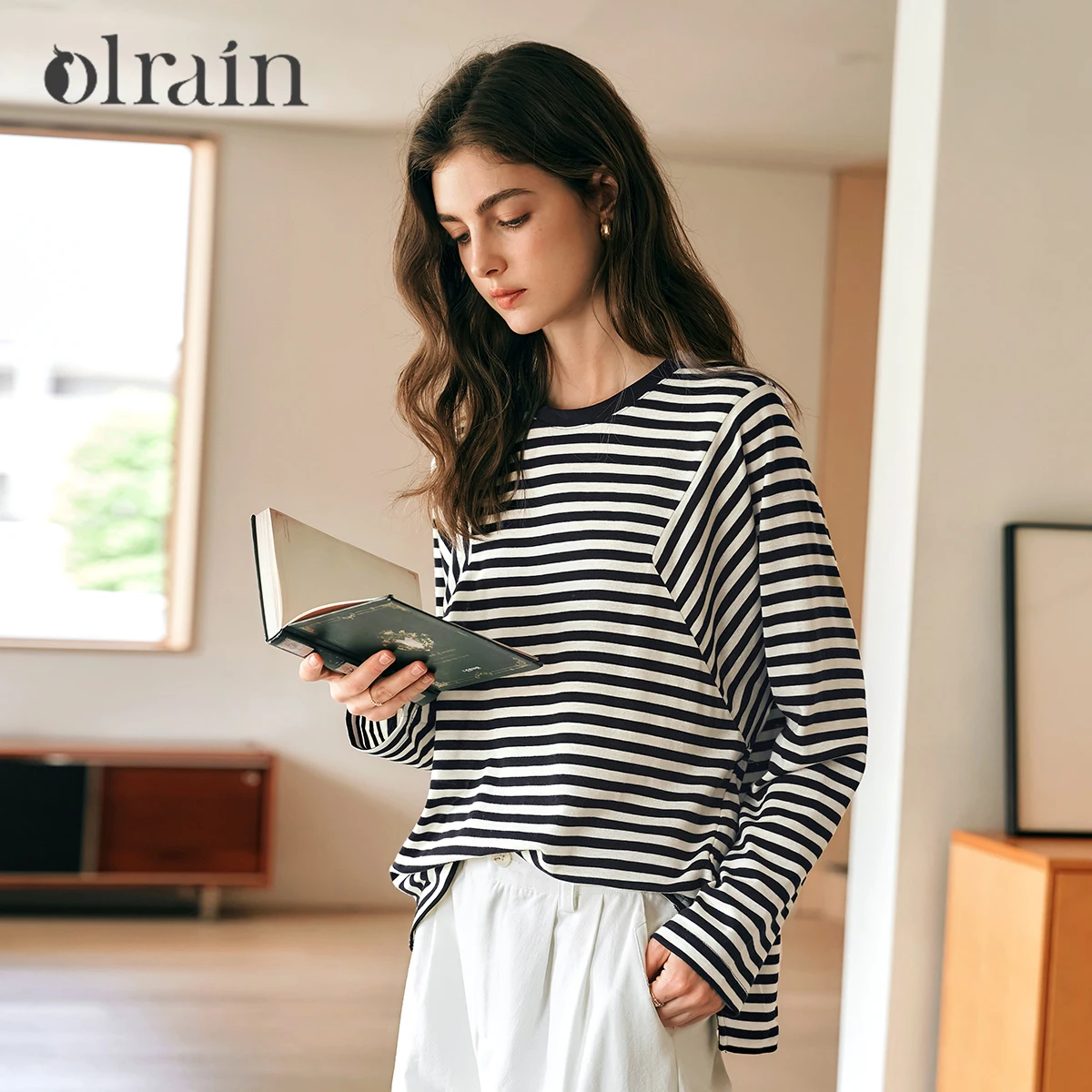 OLrain Women's Spring T-shirt Black White Striped Long Sleeve