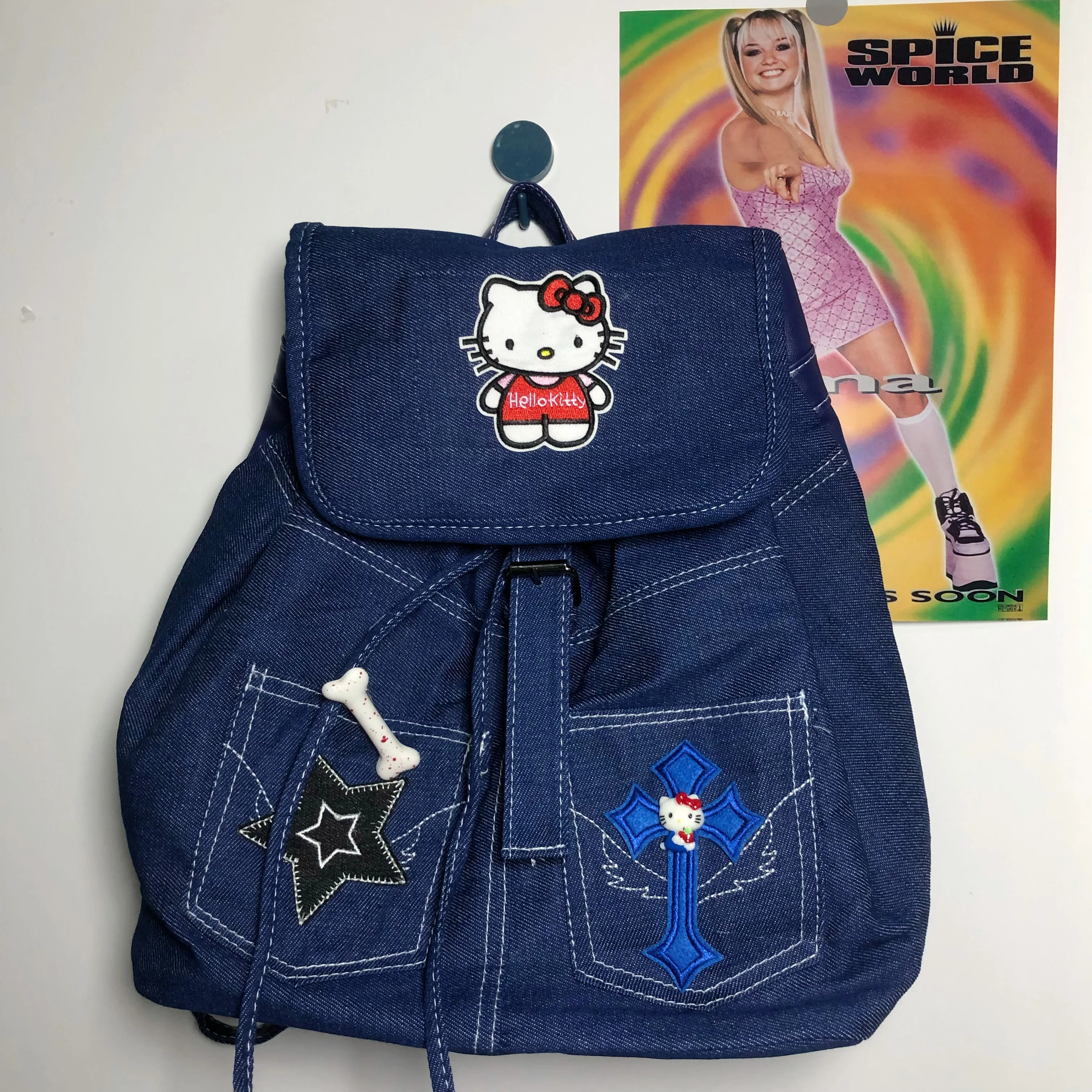 

Kawaii hello kitty Y2K backpacks bags vintage American rope-drawn Large capacity denim backpack mochilas for student girls women