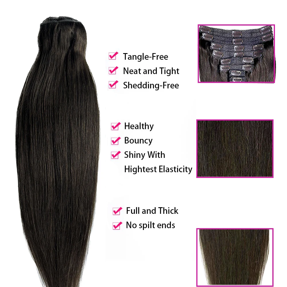 #2 Clip in Human Hair Extensions Straight Clip in Hair Extensions Human 8pcs #1B Double Weft Dark Brown Color For Women