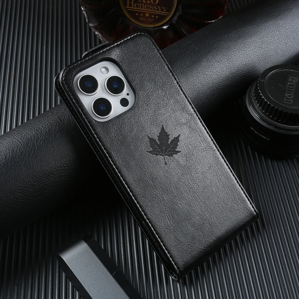 Elegant Maple Leaf Leather Phone Case with Card Slot - Front & Back Cover