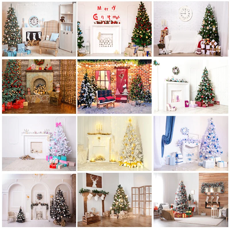 

Vinyl Custom Christmas Day Photography Backdrops Prop Christmas Tree Fireplace Photographic Background Cloth 21710CHM-004