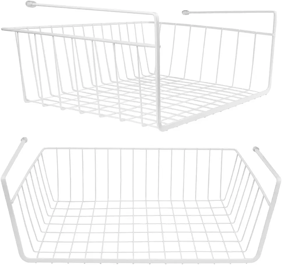 

2 Pack White Under Shelf Wire Basket Hanging Storage Baskets, Under Cabinet Add-on Storage Racks Slide-in Baskets Organizer