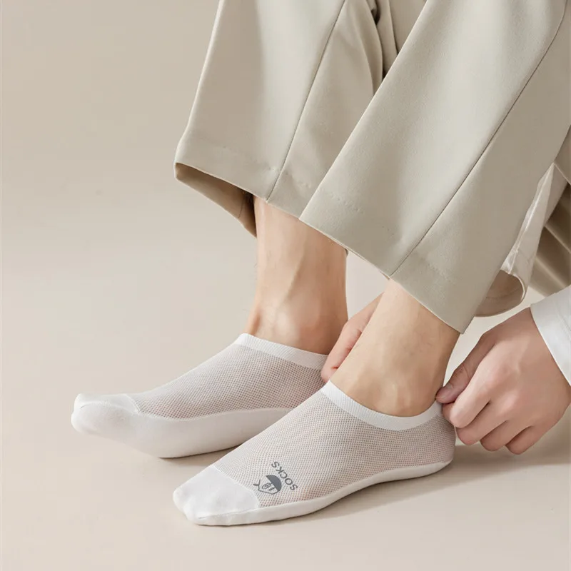 남성용 아이스 실크 통기성 중공 메쉬 양말, 보이지 않는 노 쇼 양말, 실리콘 미끄럼 방지, 로우 컷 발목 보트 양말, 여름