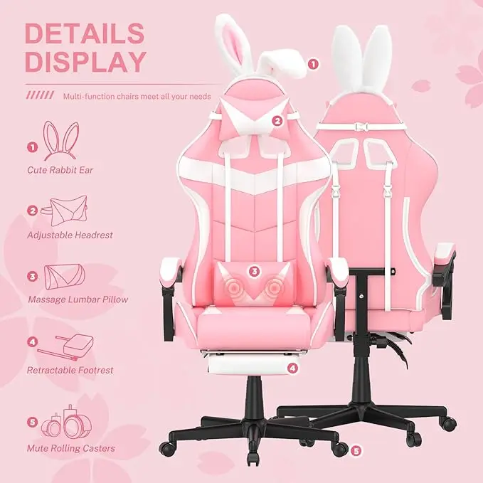 Pink Gaming Chair with Footrest,Lovely Cute Bunny Computer Gamer Chair,Kawaii Desk Chair for Granddaughter,Sister,Girlfri