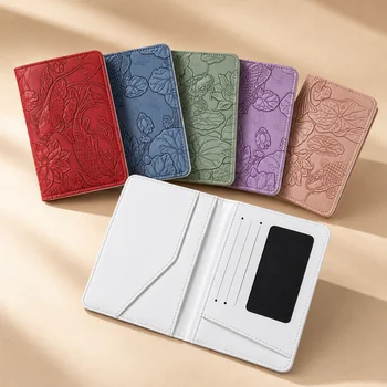 Porta Passaporto in Pelle PU Goffrata Stile Cinese con Multi Scomparti per Carte, Portafoglio da Viaggio Lotus Multifunzionale