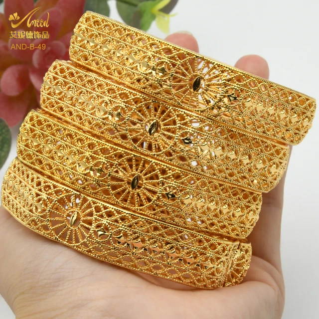 ANIID 4Pcs /Set 24K Dubai Gold Plated Bangle Bracelet For Women Ethiopian Arabic African Dubai Indian Wedding Bride Jewelry Gift B-49-4pcs