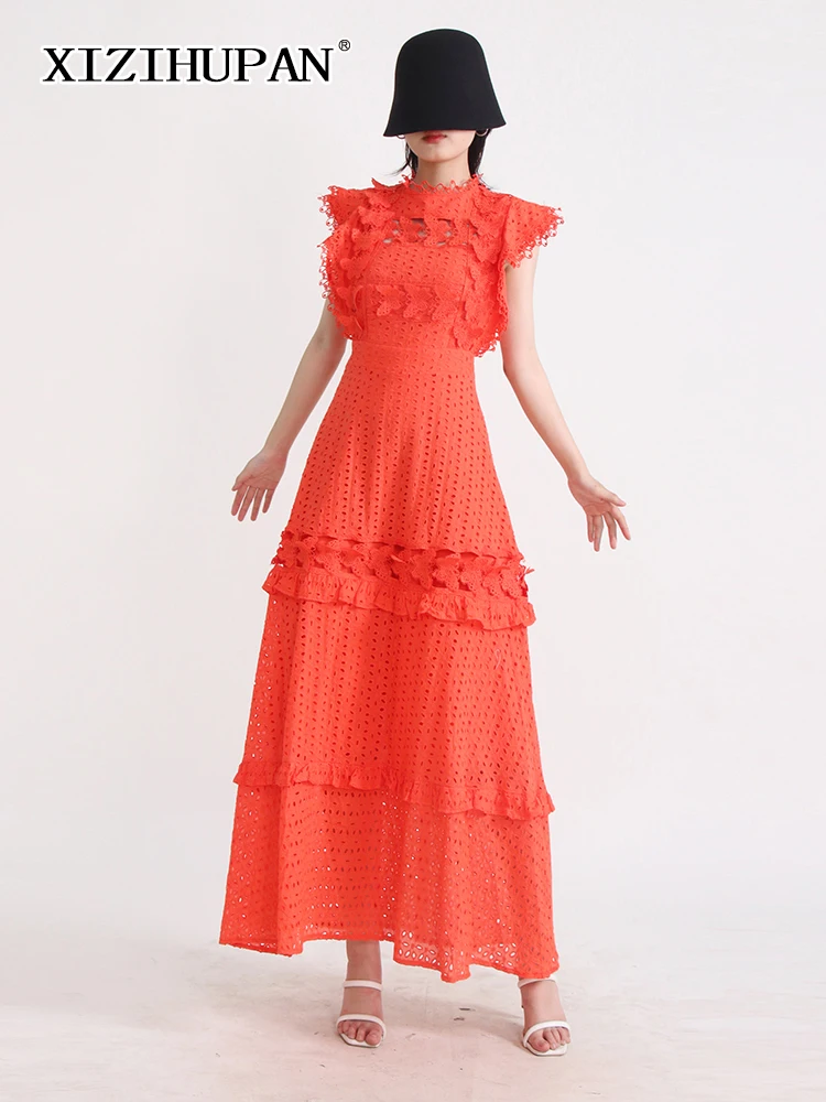 

XIZIHUPAN Temperament Lace Dresses For Women Round Neck Sleeveless High Waist Embroidery Hollow Out Dress Female Fashion Style