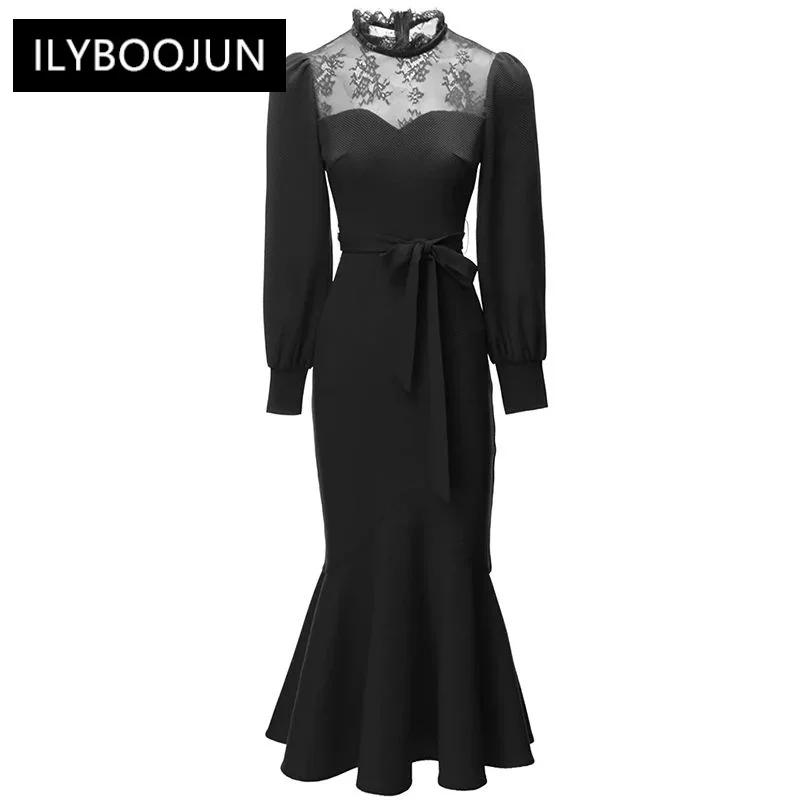 

Autumn Mermaid Dress Women O-Neck Lantern Sleeve Lace-up Lace Patchwork Office Lady Dresses For Women 2023 Luxury Brand High