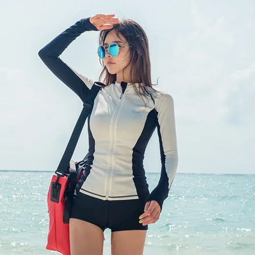 Korean Swimwear New Swimsuit Women's One-piece Long Sleeve Sunscreen Skinny Wetsuit Conservative Holiday Hot Spring Bathing Suit