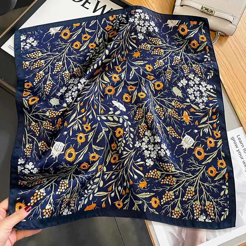 2024 Brand 100% Pure Silk Scarf Women Hot Hair Fashion Foulard Square Small Headband Hijab Print Poncho Scarves Bandana 53cm 3