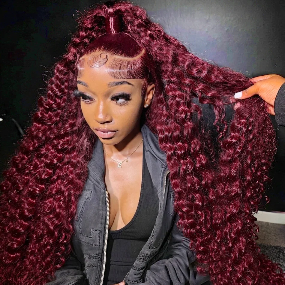 99J Burgundy 13x6 HD Lace Frontal Wig Human Hair Water Curly Red Colored 13x4 Transparent Lace Deep Wave Frontal Wig 1