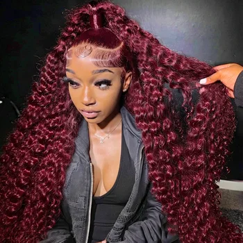 99J Burgundy 13x6 HD Lace Frontal Wig Human Hair Water Curly Red Colored 13x4 Transparent Lace Deep Wave Frontal Wig 1