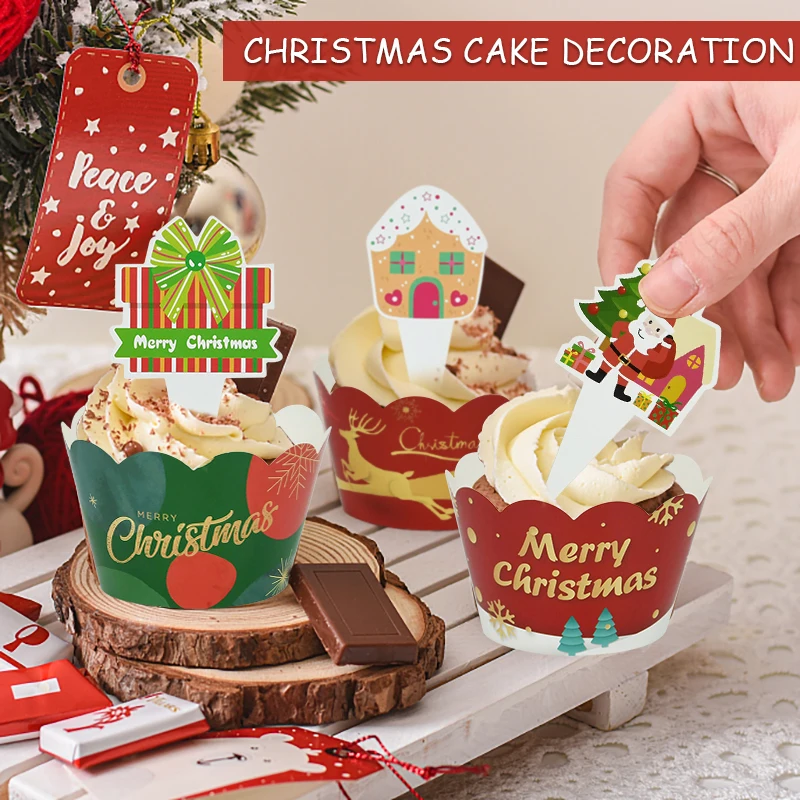 NOLITOY 24 Sets Cake Surrounding Cards Christmas Baking Supplies Santa  Reindeer Cupcake Wrappers Christmas Cupcake Cas Holiday Cake Wrapper  Christmas