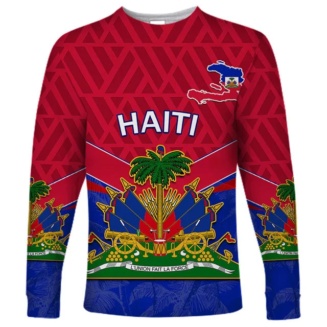 Camiseta con estampado 3D de la bandera de Haiti para hombre y mujer, camisa de manga larga con estampado de abrigo, Marron, camisa redonda para niño, ropa para hombre