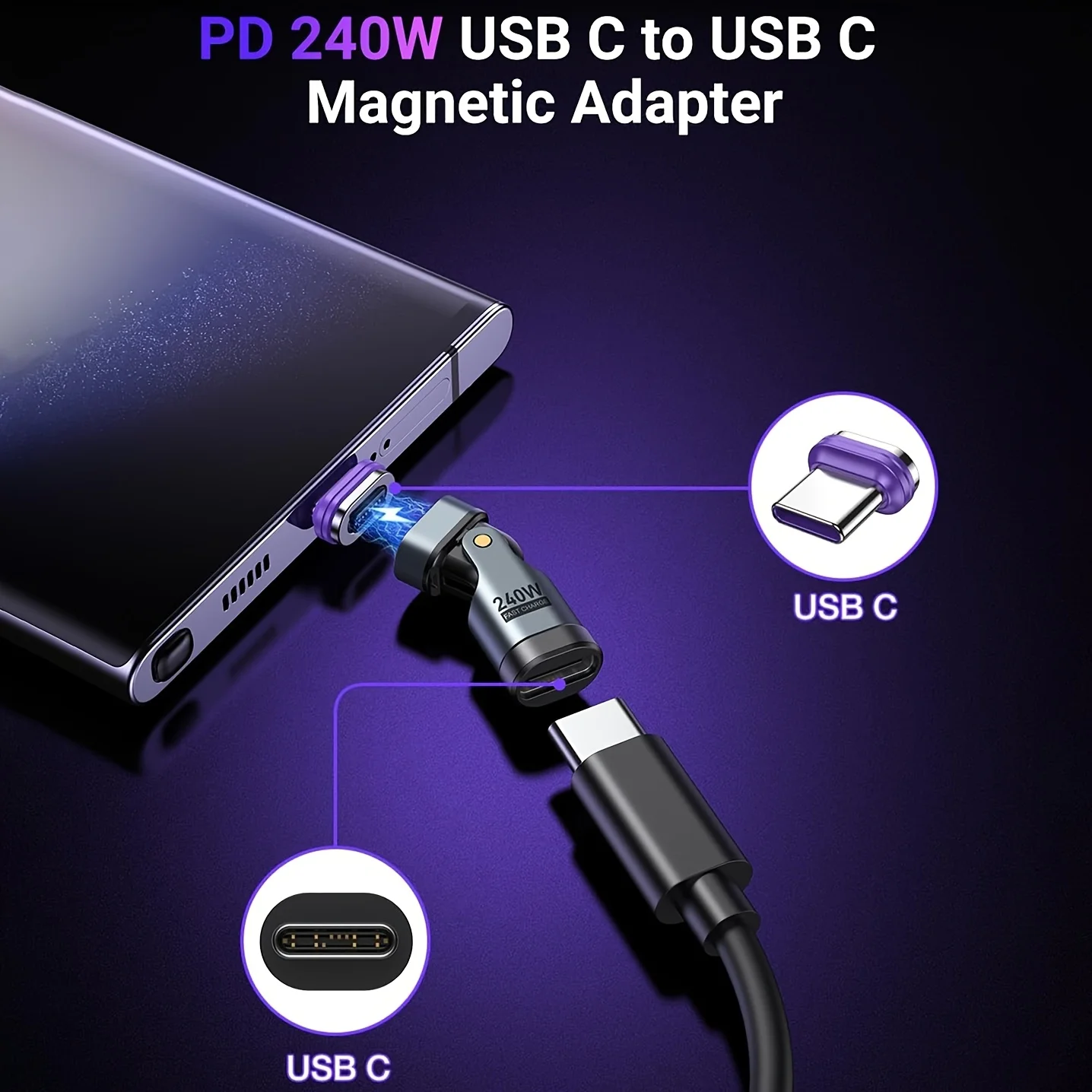 240W 9핀 마그네틱 OTG 어댑터 PD3.0 180 ° 회전식 USB C 고속 충전 컨버터 (아이폰 17 프로 맥스, 맥북, 삼성용)